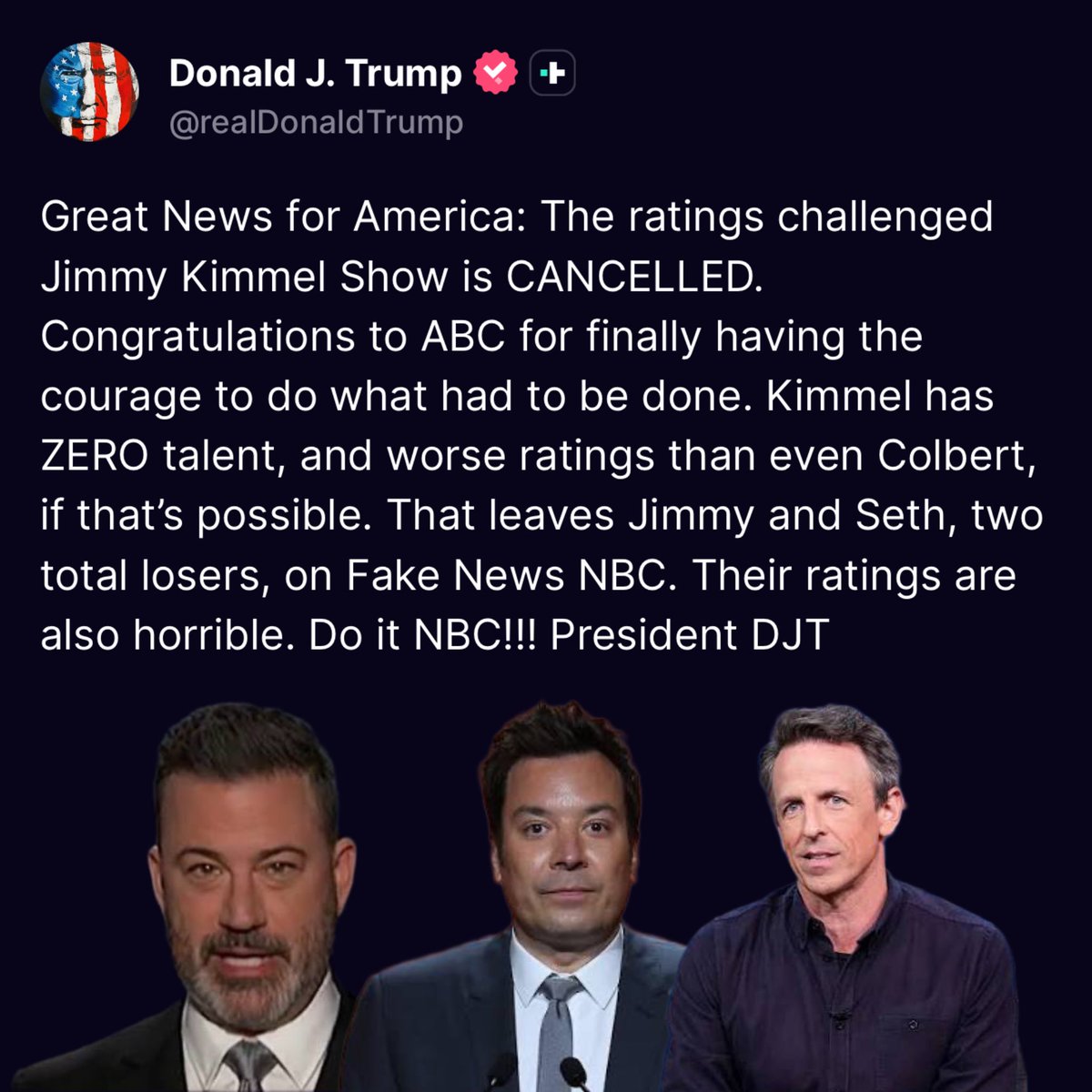 nicksortor's tweet image. 🚨 LMAO! President Trump is taking a VICTORY LAP after Jimmy Kimmel was pulled off the air by ABC
“GREAT NEWS FOR AMERICA!”
“That leaves Jimmy and Seth, two total losers, on Fake News NBC. Their ratings are also horrible. Do it NBC!!!” 🤣🔥