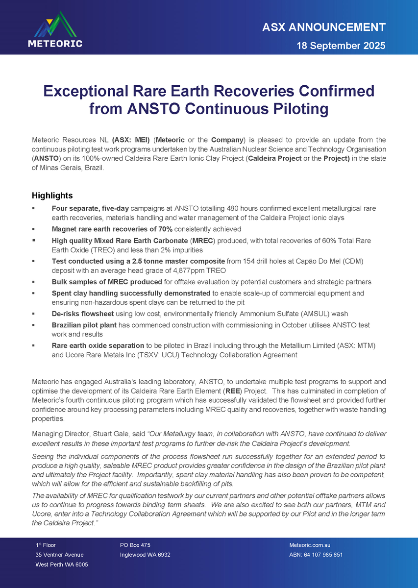$MEI reports results from ANSTO piloting at the Caldeira REE Project. In 480hrs we achieved ~70% magnet REE recoveries, produced a high-quality MREC (<2% impurities) &amp; demonstrated successful spent clay handling. Brazilian pilot plant commissioning in Oct: bit.ly/48nZjdz