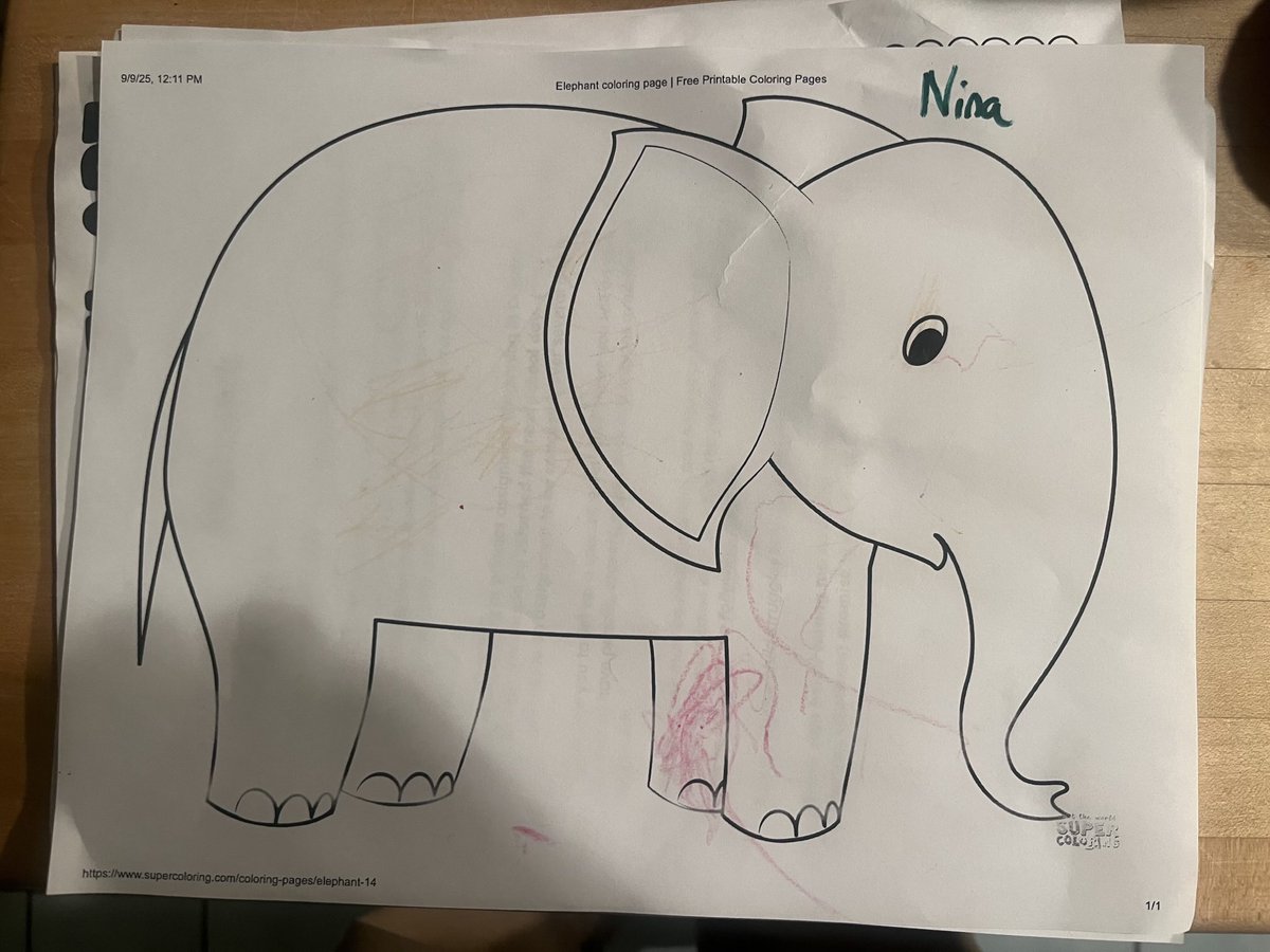 Nina is our 2 year old. She colored one leg of the elephant preschool. Freddy, our 4 year old saw this and said, “wow! Did Nina do this?! It’s really good!”
He thinks she drew the elephant.