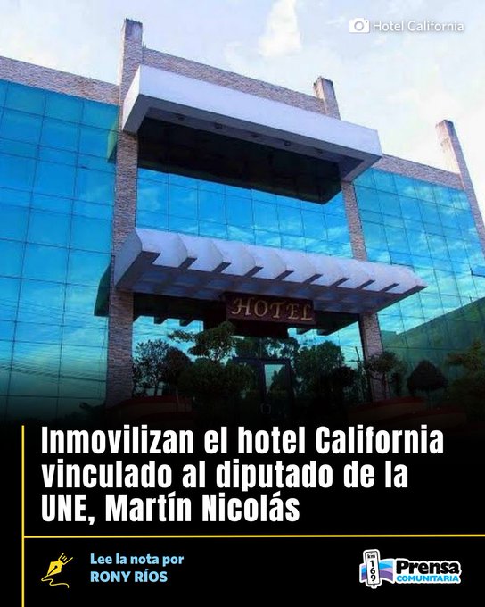 A building with a modern facade featuring glass windows and brick walls. A sign reading "HOTEL" is visible above the entrance. Text overlay states "Inmovilizan el Hotel California vinculado al diputado de la UNE, MartÃ­n NicolÃ¡s." A watermark from Hotel California is in the top right corner.