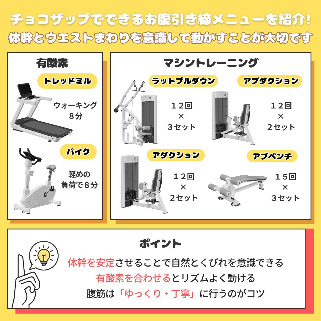 チョコザップでできる【お腹引き締め】メニューを紹介します✨ 体幹と