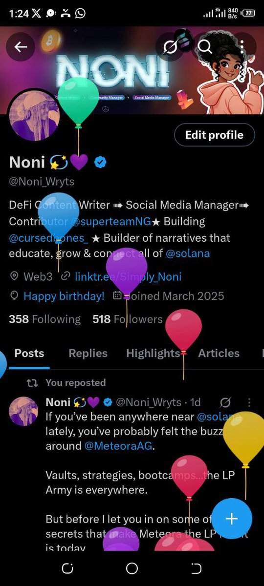 Noni_Wryts's tweet photo. Guess it's my turn...😌❤️

Dear Me,

Happy Birthday.

Today, I don’t just celebrate the day I was born. I celebrate the battles I’ve fought, the words I’ve written, the doors I’ve opened, and the family I’ve found.

It’s been one year since I stepped into the crypto space, not knowing how much it would shape me. 

One year since I became a Scribloors member, one year since @SuperteamNG welcomed me with open arms, one year of chasing growth, failing forward, and collecting wins both big and small.

I’m proud of the courage it took to start, the discipline it took to stay, and the love it took to build alongside others.

Noni, you’ve grown. You’ve bloomed. You’ve proved that dreams don’t just sit on paper, they can live on-chain, on screens, in communities, and most importantly, inside your own heart.

As you step into this new year, remember:

✨ Keep believing in the magic of your pen.

✨ Keep daring to dream, even when the road feels uncertain.

✨ Keep celebrating every win, because you’ve earned them.

Here’s to more words, more wins, more family, and more light.

Here’s to me.  Here’s to us.

Happy Birthday, Noni. 
You are becoming everything you prayed for. 💜