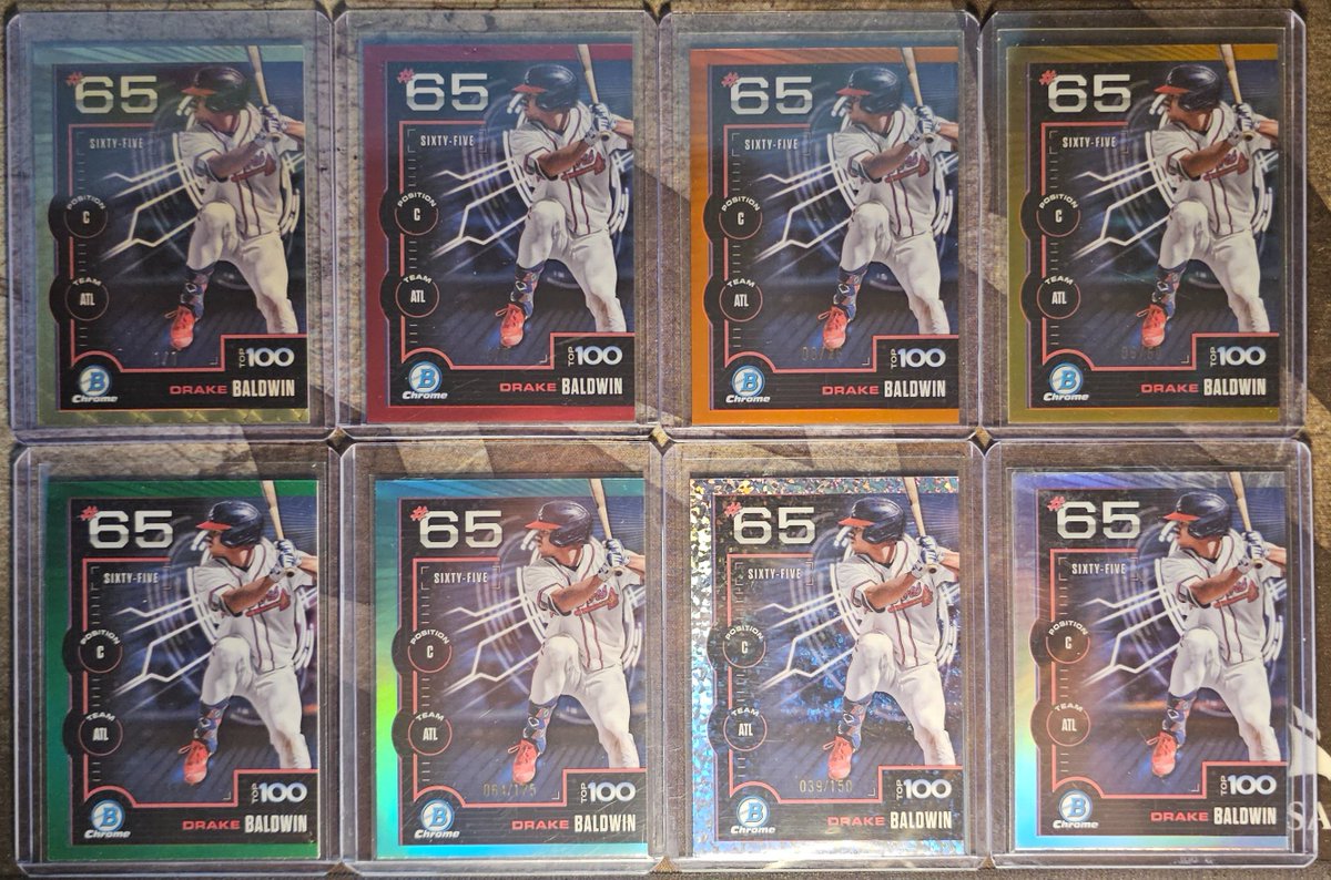 Drake Baldwin Rainbow is complete.
2025 Bowman Scouts' Top 100 #65. 
Now that I have them all together today, it's time for a custom display of some sort next! Stay tuned! <a href="/NMPCards/">ÑMP Cards</a>  <a href="/CardPurchaser/">Card Purchaser</a> <a href="/bowman1of1/">Bowman1of1</a>