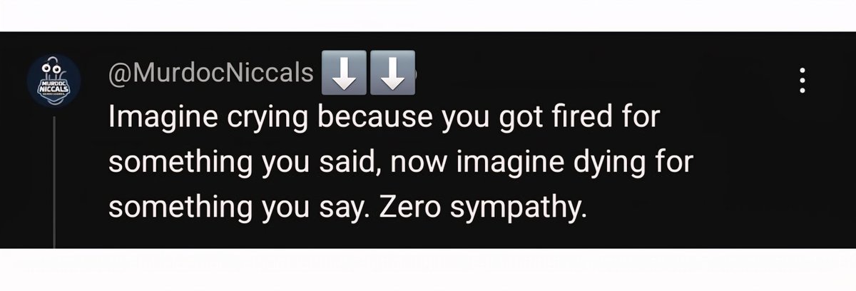 Black background with white text reading "Imagine crying because you got fired for something you said, now imagine dying for something you say. Zero sympathy." Downward arrow emojis appear next to the username "@MurdocNicNacs."