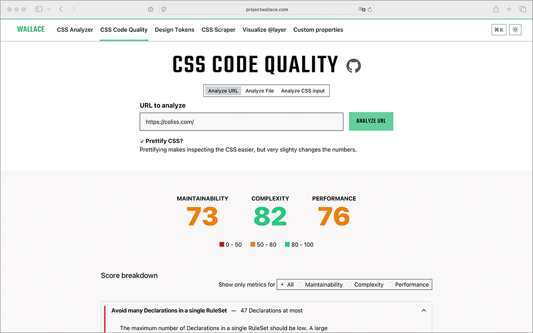 CSSに問題がないか、保守性・複雑性・パフォーマンスの面から解析し、改善点を教えてくれるツール -CSS Code Quality Analyzer

coliss.com/articles/build…