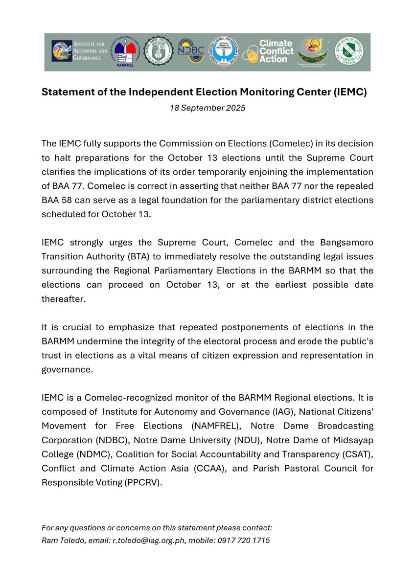IEMC Supports Comelec Halt of BARMM Election Preparations Pending Supreme Court Clarification, Urges Immediate Resolution iag.org.ph/news/2051-iemc…