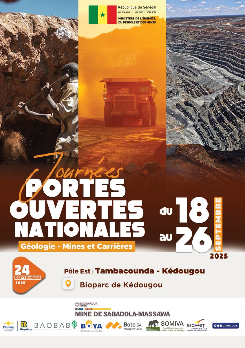 Le <a href="/Mepmsenegal/">Ministère de l'Energie du Pétrole et des Mines</a>, à travers la Direction générale des Mines et de la Géologie organise une tournée nationale inédite. Les Journées Portes Ouvertes sont une occasion unique de découvrir le potentiel, la législation et la politique minière du Sénégal. ⤵️