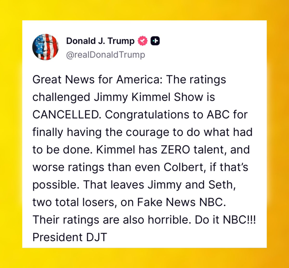 PopCrave's tweet image. Donald Trump says ‘Jimmy Kimmel Live!’ is canceled after reports of it being pulled off air indefinitely:

“That leaves Jimmy and Seth”