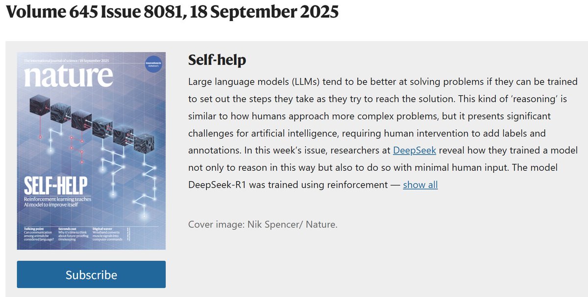 DeepSeek’s paper “DeepSeek-R1 incentivizes reasoning in LLMs through reinforcement learning” was featured on the cover of Nature, with the company’s CEO Wenfeng Liang as the corresponding author.