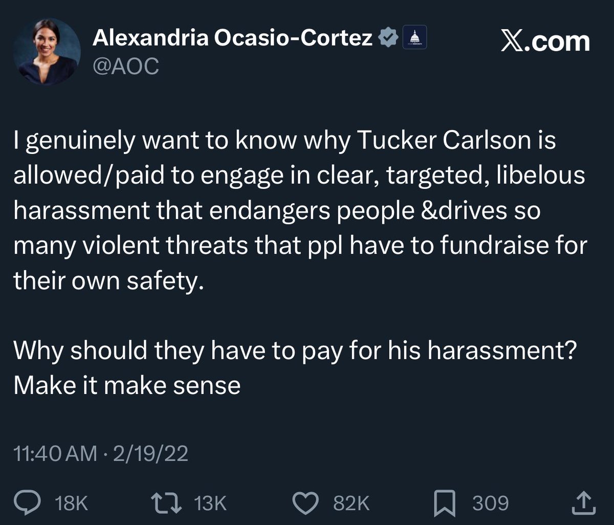 For years they relentlessly called for Tucker Carlson to be fired, claiming his words were inciting violence.

When Tucker was fired, they celebrated. AOC posted a video “Couldn’t have happened to a better guy.”

But Kimmel getting pulled is of course another threat to democracy.