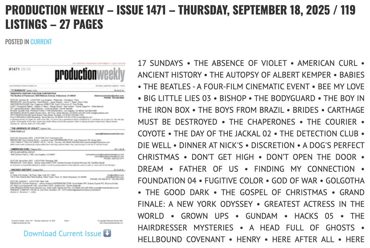 prodweek's tweet image. Production Weekly - Issue 1471 - Thursday, September 18, 2025 / 119 Listings - 27 Pages

Download Current Issue ⬇️

productionweekly.com/production-wee…