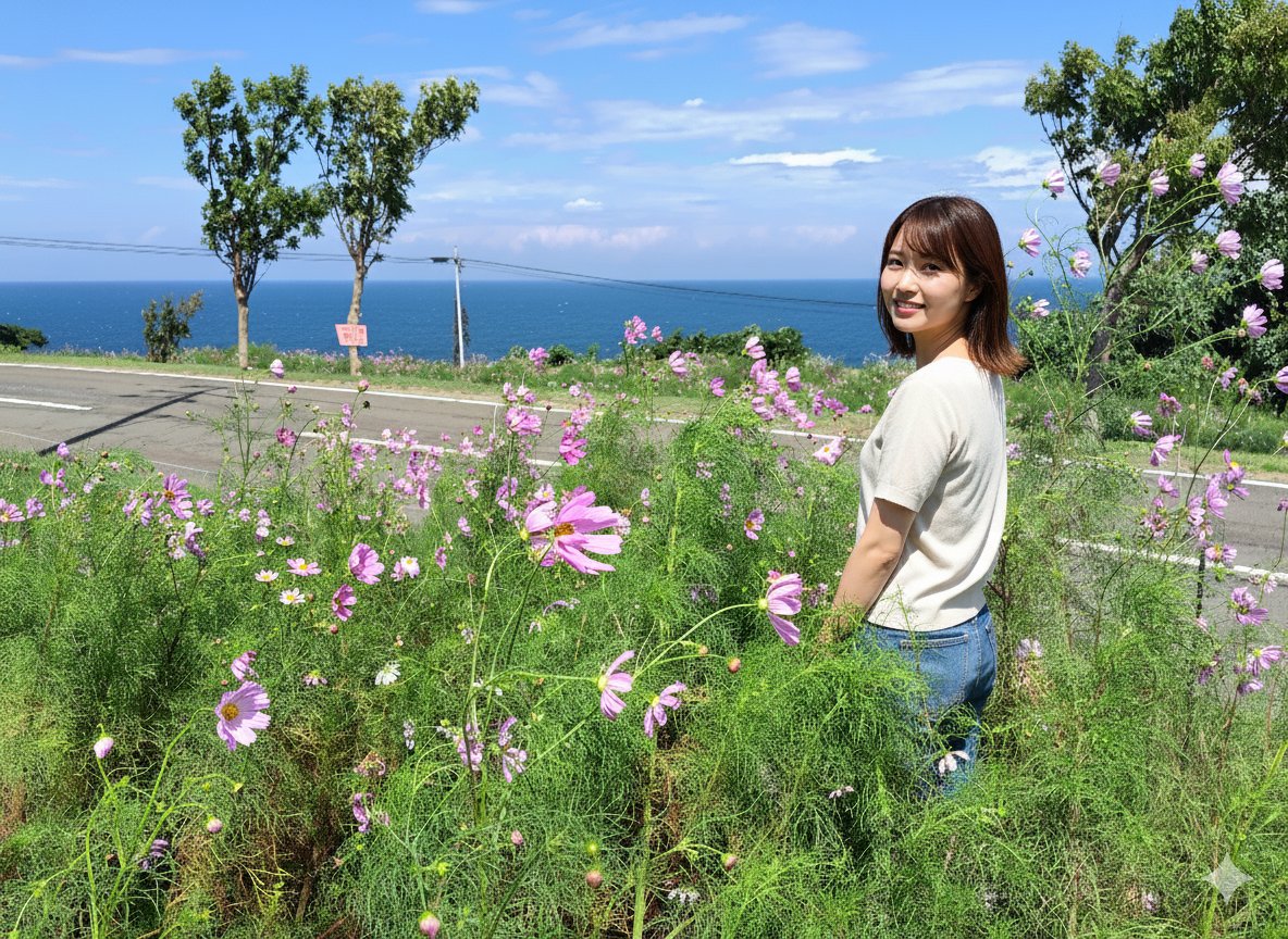 Geminiの凄さ。写真2枚目が実写。背景をぼかして女性を合成が1枚目。いろんなイメージ写真ができます!
#佐渡見平コスモス畑　#海とコスモス　#海が見えるコスモス畑 #コスモス