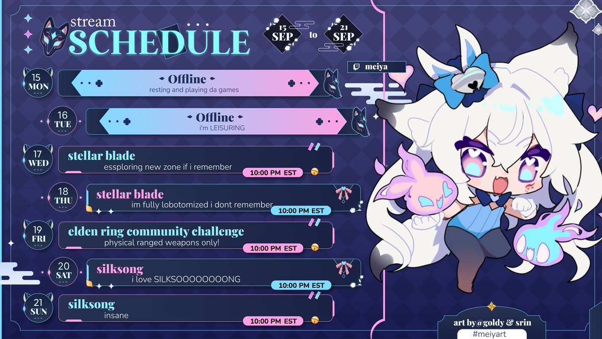 meiya_ch's tweet photo. ๐9.15.25 - 9.21.25๐
omg monday and tuesday felt so LONG dude
happy wednesday!! here's to a fun new stream week :D
starting our community elden ring challenge on friday! let us suffer together HEHE
#meiments https://t.co/XwjOoOGgcO