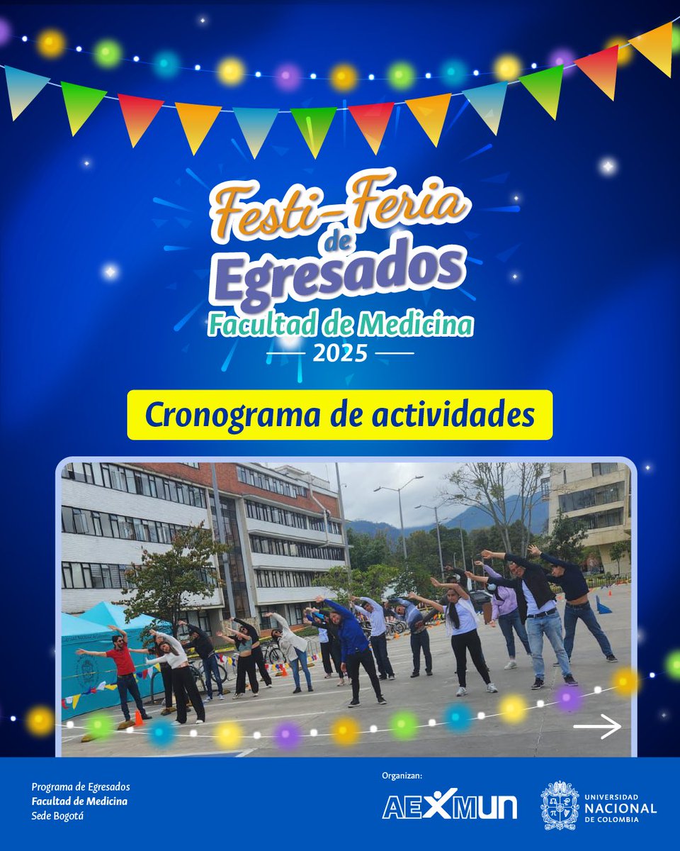 MedicinaUNAL's tweet image. ✨🐾 ¡Ya está listo el cronograma de actividades de nuestra Festi-Feria de Egresados 2025! 🎉
Una jornada llena de música, juegos, deporte, emprendimiento y reencuentros 💙💛.
📍 Facultad de Medicina – Sede Bogotá
🗓️ ¡No te pierdas ningún momento!
#EgresadosUNAL #FestiFeria202