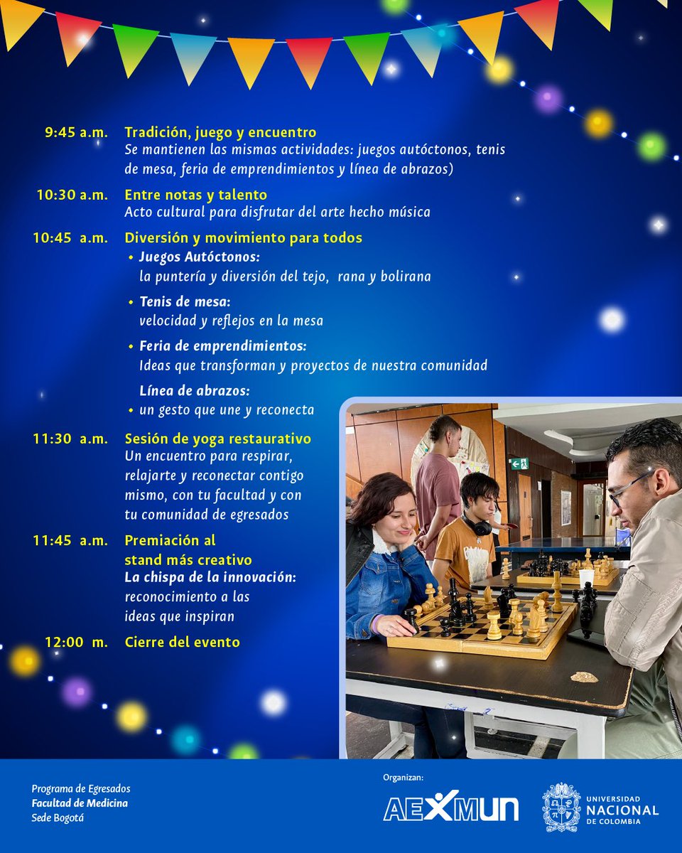 MedicinaUNAL's tweet image. ✨🐾 ¡Ya está listo el cronograma de actividades de nuestra Festi-Feria de Egresados 2025! 🎉
Una jornada llena de música, juegos, deporte, emprendimiento y reencuentros 💙💛.
📍 Facultad de Medicina – Sede Bogotá
🗓️ ¡No te pierdas ningún momento!
#EgresadosUNAL #FestiFeria202