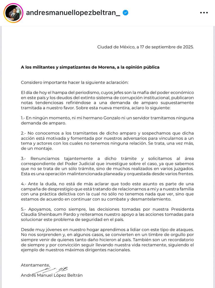 JorgeArmandoR_'s tweet photo. Descarta Andrés Manuel López Beltrán haber tramitado un amparo, tampoco para su hermano Gonzalo.
"Sospechamos que dicha acción está motivada y fomentada por nuestros adversarios para vincularnos a un tema y actores con los cuales no tenemos ninguna relación". https://t.co/fl4gQkyXAe
