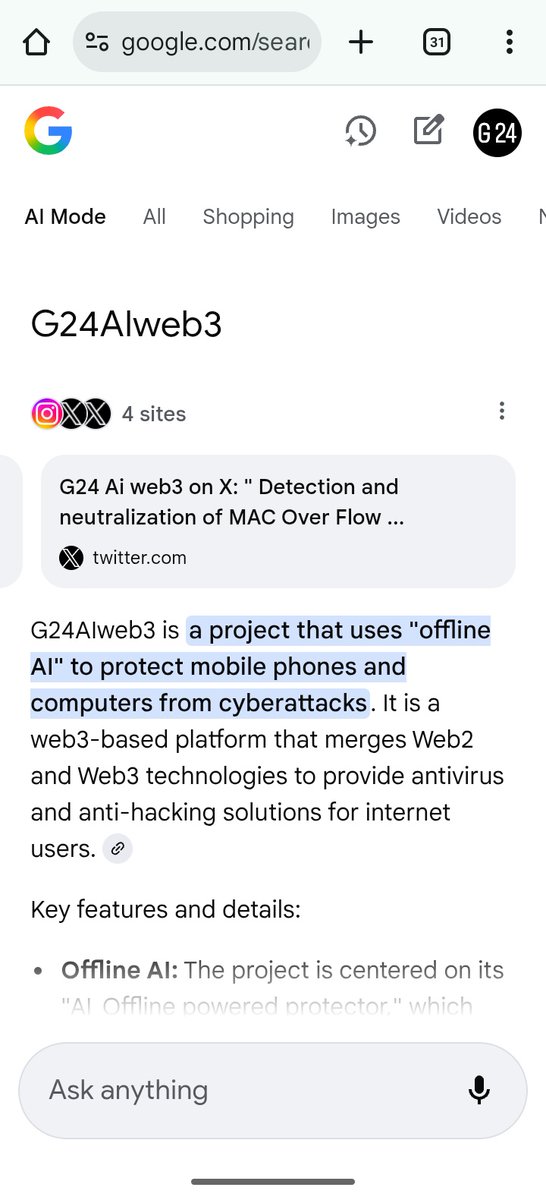 G24AIweb3's tweet image. 📡Important news :
Search the project name on
{ Google AI Mode } worldwide ..
G24AIweb3
A major #Revolution is coming for #mobile and #computer users in 190 countries around the #world.
🔗linktr.ee/Bloggersweb3/
#G24AIweb3 #Bloggersweb3 #AI
#Offline_AI #antihacking #Web3