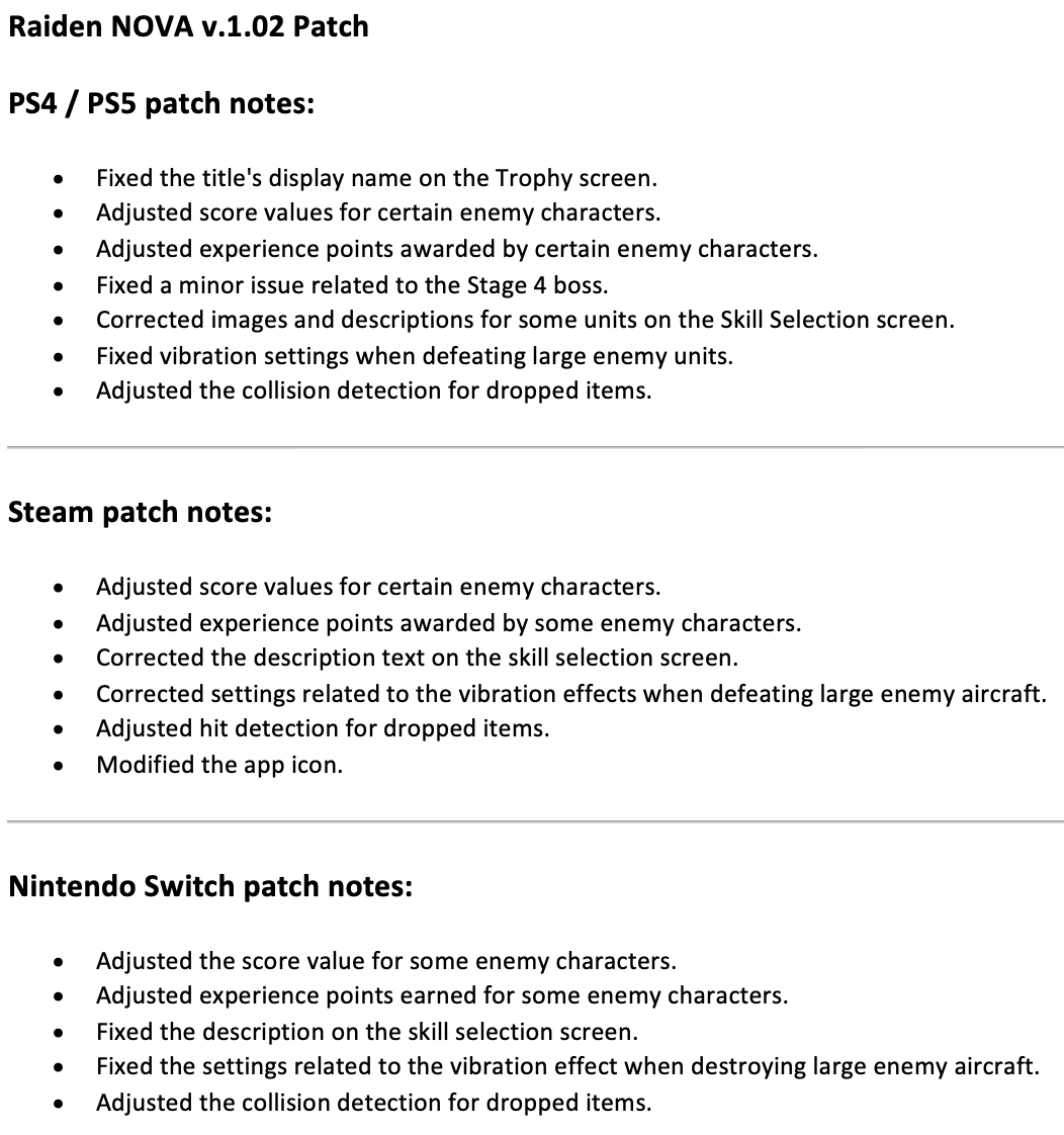 Raiden NOVA v1.02 Patch has just released.