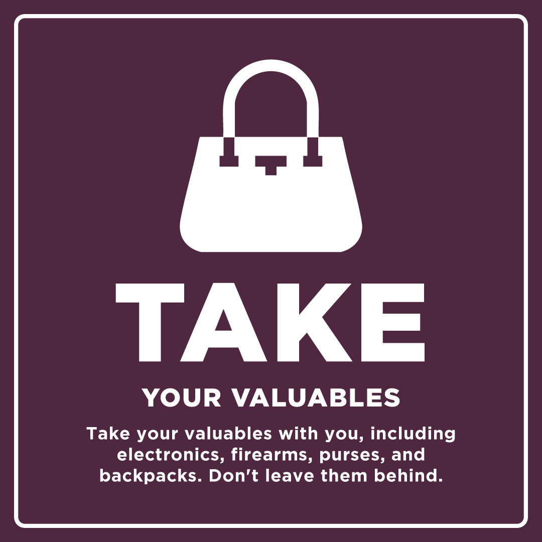 Protect yourself and your belongings with three easy steps:

👁️HIDE your valuables
🔒LOCK your car
🎒TAKE your belongings

See something that needs our attention? Contact the College Station Police Department at 979-764-3600.