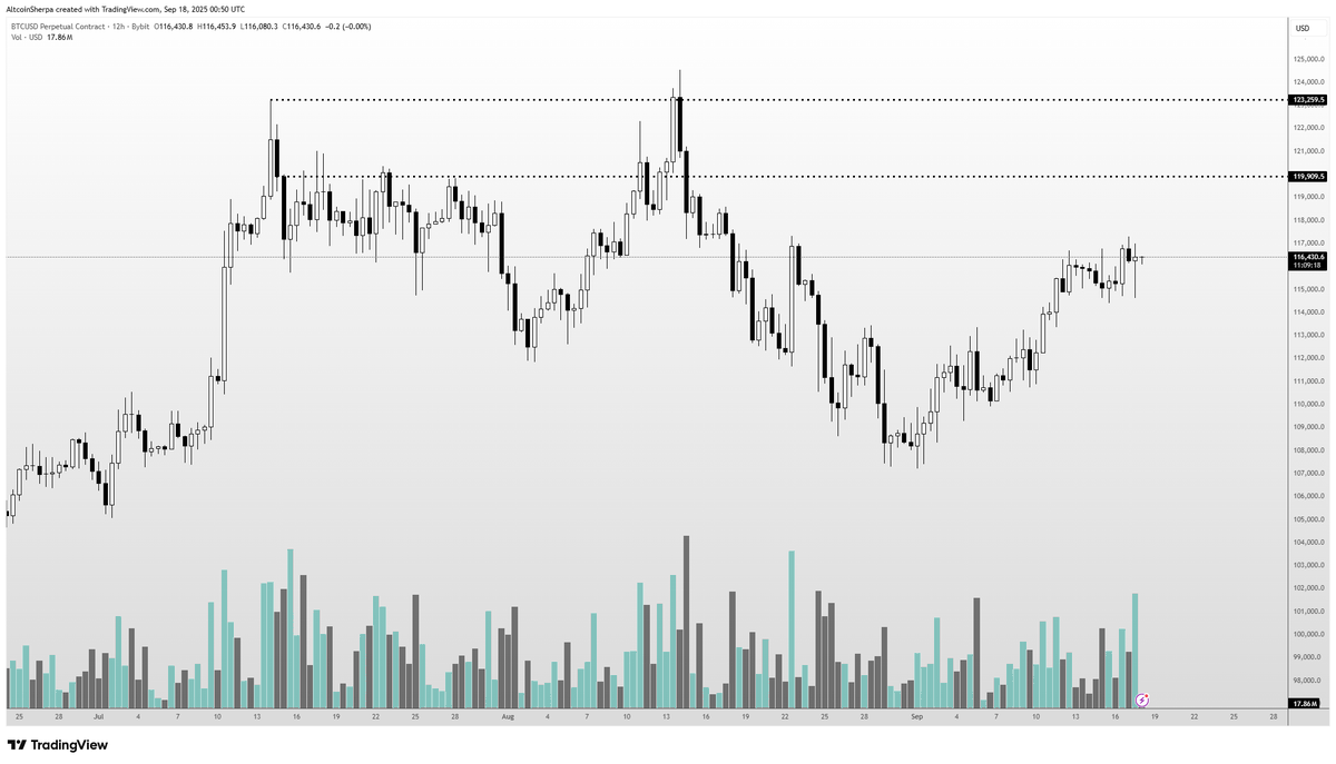 A candlestick chart displaying Bitcoin price movements over time. The chart includes green and red bars indicating price changes, with horizontal lines marking key price levels at 120k and higher. Text overlays show numerical values and timestamps along the axes.