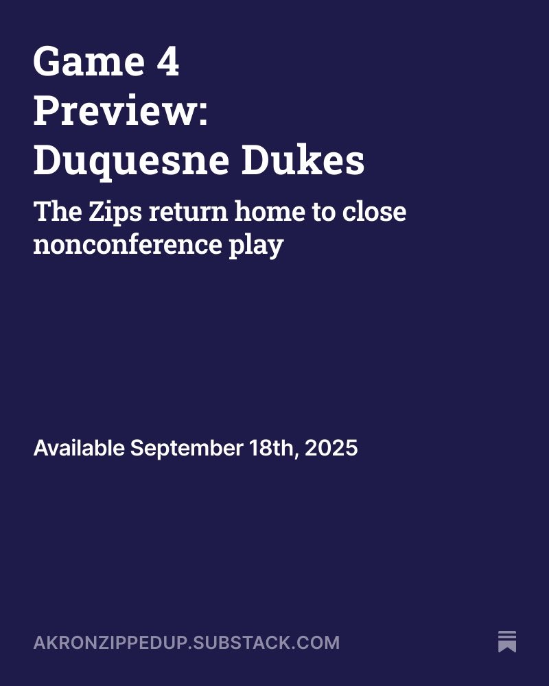 Akron Zipped Up (@uazippedup) on Twitter photo Duquesne preview drops tomorrow! I had a lot of fun researching the Dukes, much like I did Colgate last year. There’s a ton of good info in this piece. Subscribe for free to get it in your inbox tomorrow at 10:00am!
#MakeTheClimb <a href="/ZipsFB/">Akron Football</a> Duquesne preview drops tomorrow! I had a lot of fun researching the Dukes, much like I did Colgate last year. There’s a ton of good info in this piece. Subscribe for free to get it in your inbox tomorrow at 10:00am!
#MakeTheClimb <a href="/ZipsFB/">Akron Football</a>