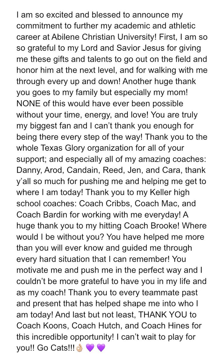 1000% Committed to ACU!!! When you know you know!!! I’m so excited to call Abilene home for the next 4!
Go Cats👌🏼💜💜
<a href="/ACU_Softball/">ACU Softball</a> <a href="/coachkoons/">Jo Koons</a> <a href="/cam_hutcherson/">campbell hutcherson</a> <a href="/KenedyHines/">Kenedy Hines</a> 
<a href="/TexasGloryGold/">Texas Glory Gold</a> <a href="/TexasGlory/">Texas Glory</a> 
<a href="/BrookeR2323/">Brooke Richards</a> <a href="/Keller_Softball/">Keller HS Softball</a> 
<a href="/CoachCribbs1/">Chad Cribbs</a> <a href="/coachjesspauls/">Jessica Pauls</a> 
<a href="/Gosset41/">Brian Gosset</a>