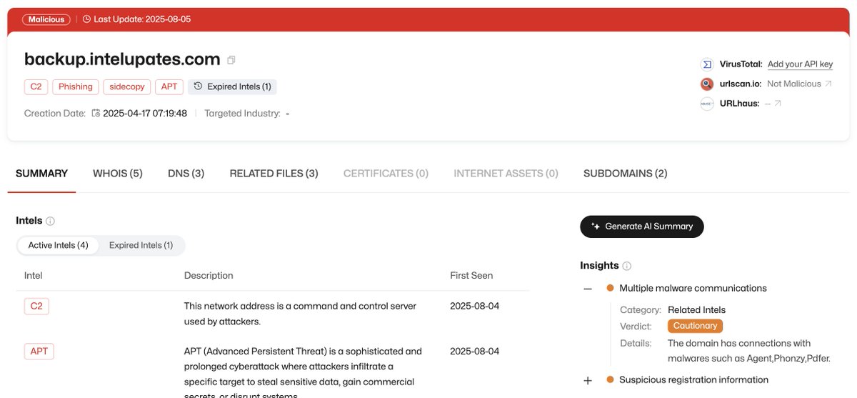 ThreatBookLabs's tweet image. Threat Alert:
#SideCopy: New Malware Sample Observed
Hash: 17b7f9f5c6eaaa19a57890da4585cc25a86c2d007c2ea6c5f903c35bd0e06039
C2: backup[.]intelupates[.]com
Analyst Note: Block/monitor the C2 and hashes immediately.
ThreatBook Intelligence: na2.hubs.ly/H018mGK0