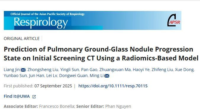 RespirologyAPSR's tweet image. Prediction of Pulmonary #Ground-Glass Nodule Progression State on Initial #Screening CT Using a #Radiomics-Based Model 
onlinelibrary.wiley.com/doi/10.1111/re…