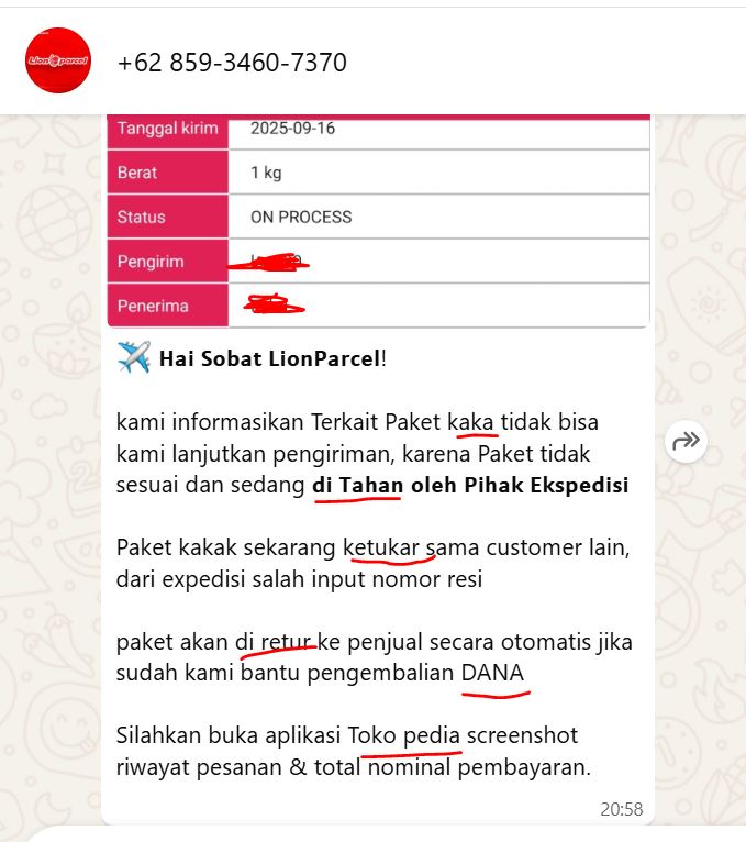 ebi087's tweet photo. @lionairgroup ada modus penipuan baru sepertinya Min, modusnya paket salah dan tidak bisa kirim https://t.co/ZFszHhJHli