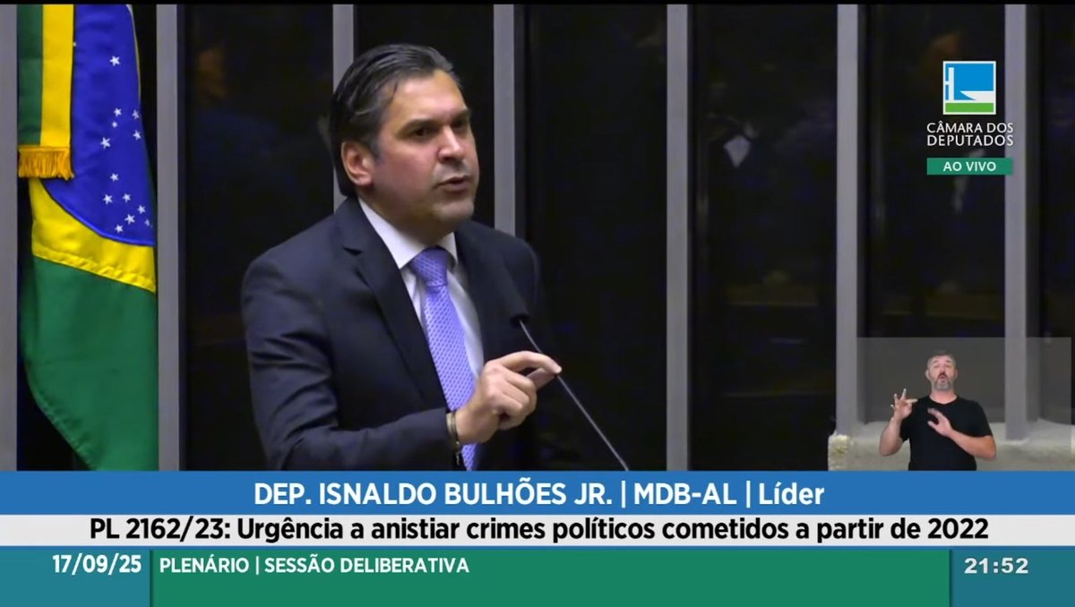 O deputado e líder do <a href="/MDB_Nacional/">MDB Nacional</a> <a href="/bulhoesjr/">Isnaldo Bulhões Jr</a> mesmo partido do prefeito de São Paulo <a href="/ricardo_nunessp/">Ricardo Nunes</a> votou contrario ao requerimento do projeto de anistia.

Como eu dizia lá nas eleições de 2022, o que o MDB fez de bom para o Brasil desde 1988?