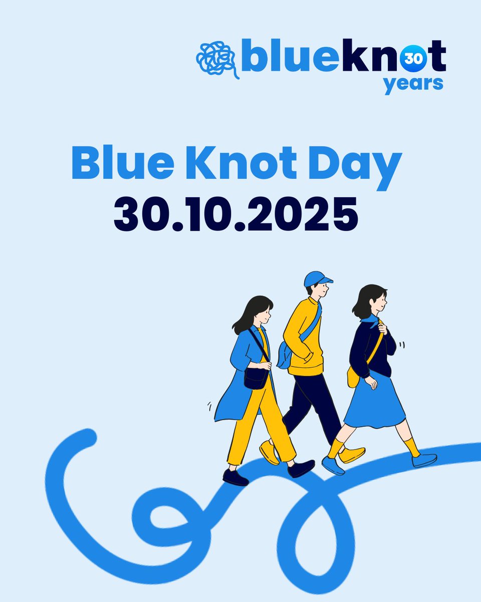 BlueKnotOrg's tweet image. Blue Knot has walked along survivors and their loved ones for 30 years. Here&apos;s how you can show your support on #BlueKnotDay, Thursday 30 October: bit.ly/4nB600o #30YearsOfImpact #YouWillKnotWalkAlone