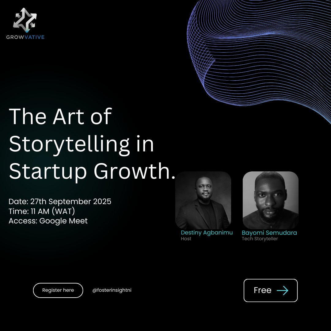FosterInsightNi's tweet image. Join us W/ @SemudaraAbayomi as speak on The Art of Storytelling for Startup Growth; turn your story into your superpower!.

Date: Saturday, 27th September 2025.
Time: 11 AM (WAT). 
Registration link: forms.office.com/r/skHdQ1vejb

#StartupStorytelling #BrandVisibility #GrowthHacks
