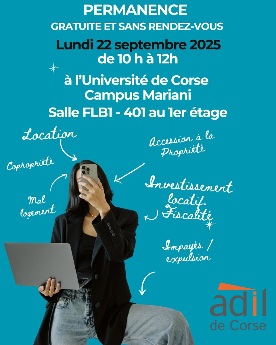 📌L'ADIL  de Corse se déplace le lundi 22 septembre 2025 l'Université de Corse de 10h à 12h pour vous  renseigner.
👉Le juriste sera présent pour vous informer  gratuitement sur toutes les questions relatives au logement et à  l'habitat.
☎ 04 95 58 15 32 à Bastia
<a href="/adil20/">adilson</a>.org
