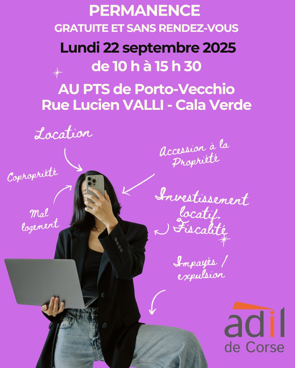 L'ADIL de  Corse se déplace le lundi 22 septembre 2025 au PTS de Porto-Vecchio de 10h à 15h30 pour vous renseigner.
👉La  juriste sera présente pour vous informer gratuitement sur  toutes les questions relatives au logement et à l'habitat.
☎ 04 95 20 85 25 à Ajaccio
<a href="/adil20/">adilson</a>.org