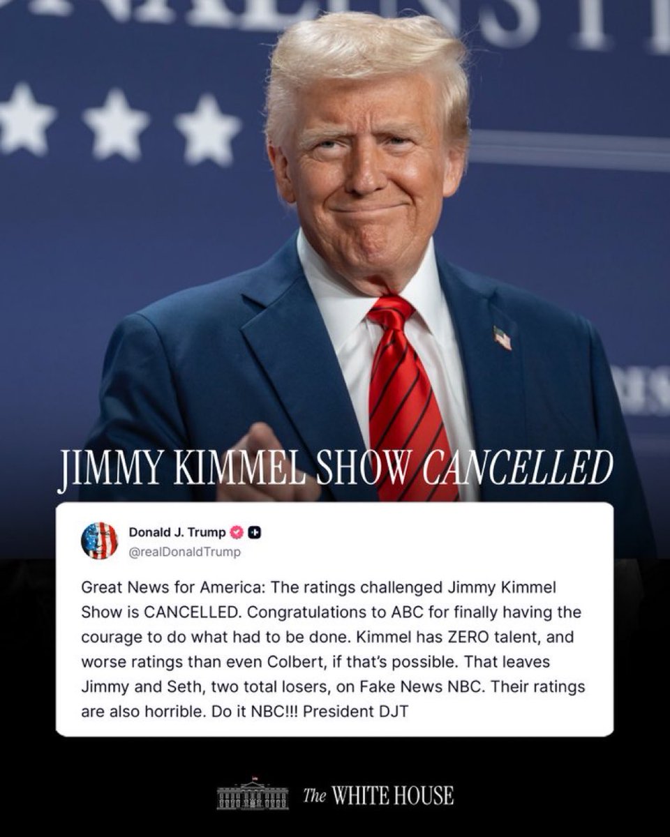 Vanuit Engeland viert Trump het wippen van Kimmel; hij hoopt op ontslag van nog eens twee late night-komieken. Free speech?
