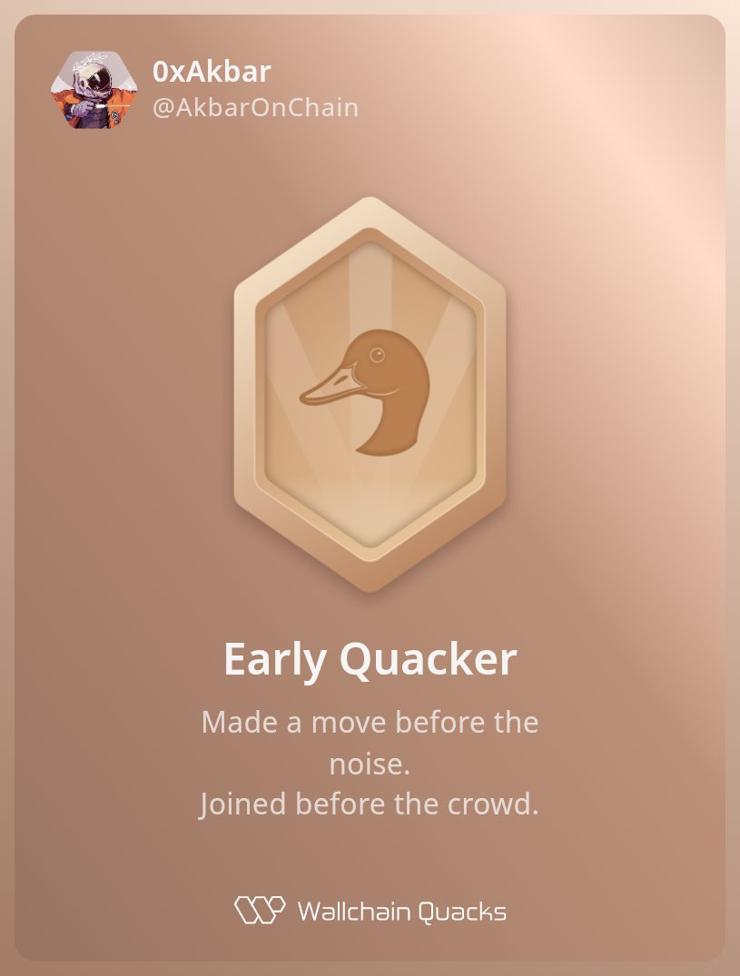 Hossain Raj $ES .ink (@hossainraj16) on Twitter photo Just unlocked the Early Quacker on <a href="/wallchain_xyz/">Wallchain Quacks</a> 🏆
How cool is that?
Feels great to have my contributions recognized.
How’s Wallchain Quacks been treating you so far?
Not on board yet? Drop a comment for an invite 👇🦆 Just unlocked the Early Quacker on <a href="/wallchain_xyz/">Wallchain Quacks</a> 🏆
How cool is that?
Feels great to have my contributions recognized.
How’s Wallchain Quacks been treating you so far?
Not on board yet? Drop a comment for an invite 👇🦆