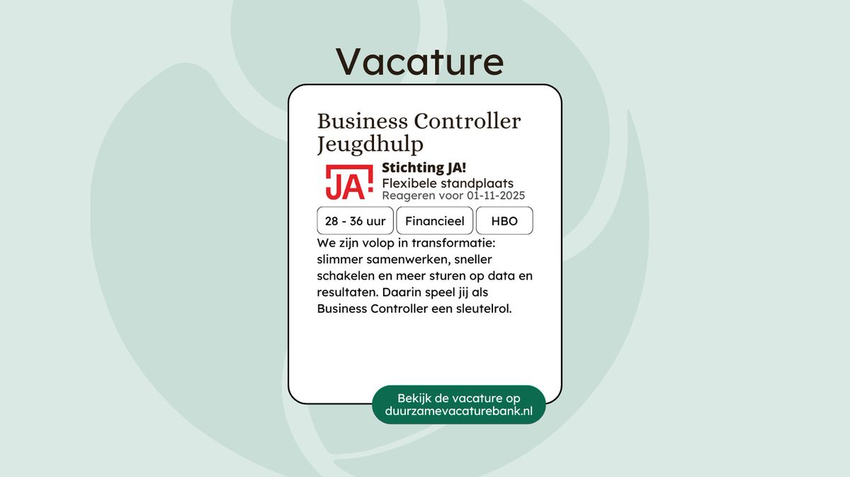 Maak impact op het leven van kinderen en jongeren

Bij Stichting JA! geloven we dat kinderen en jongeren het beste tot hun recht komen als we écht kijken naar wat zij en hun gezin nodig hebben – niet naar vaste protocollen.

Meer weten? 👉 duurzamevacaturebank.nl/vacature/stich…

#vacature