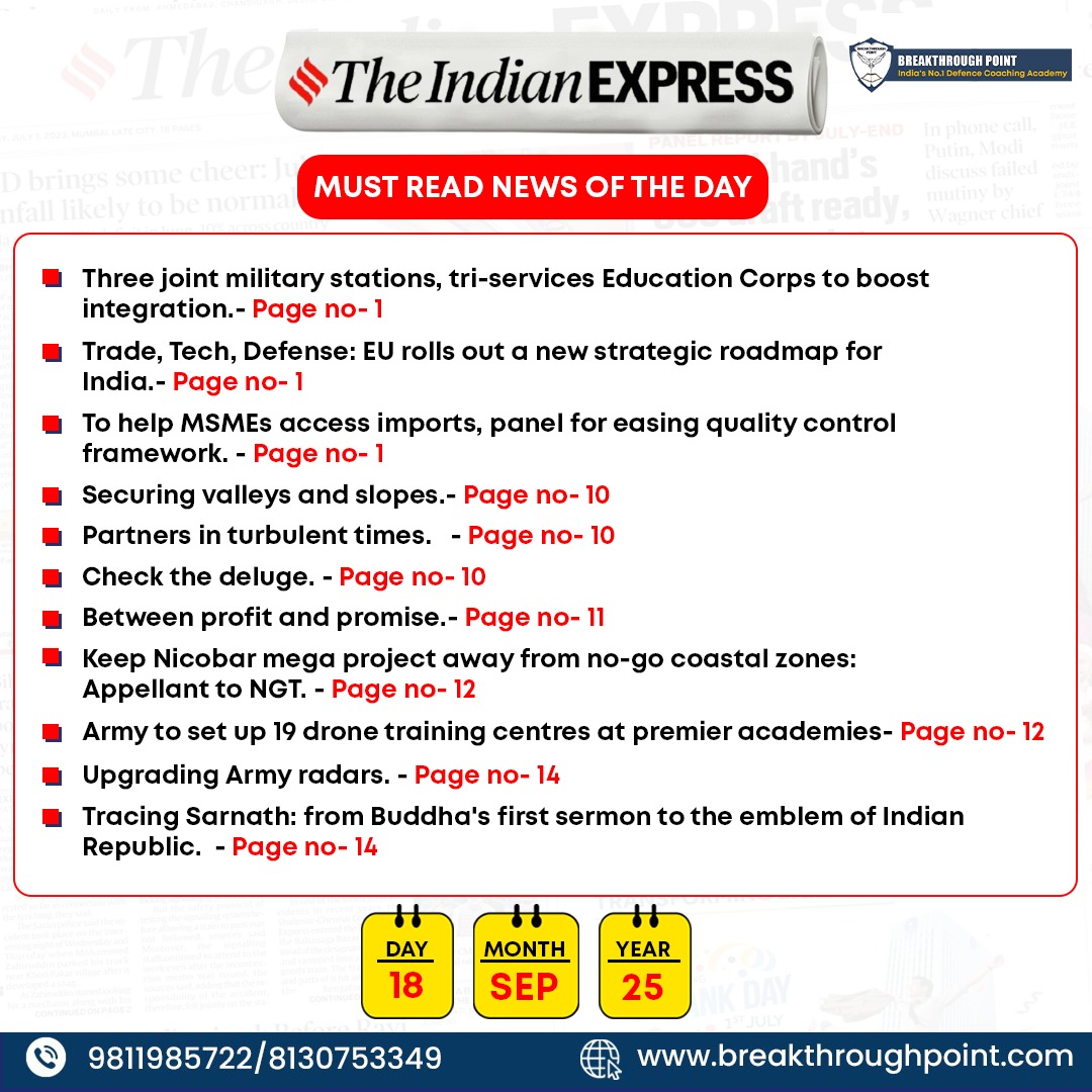18th Sept | The Hindu &amp; Indian Express Headlines Curated Current Affairs for NDA, CDS, AFCAT &amp; SSB. Simplified by Bhavishya Sir at India’s No.1 Defence Academy – Breakthrough Point. 👉breakthroughpoint.co.in/enquiry #nda2025 #cds2025 #afcat2025 #ssbpreparation #currentaffairs