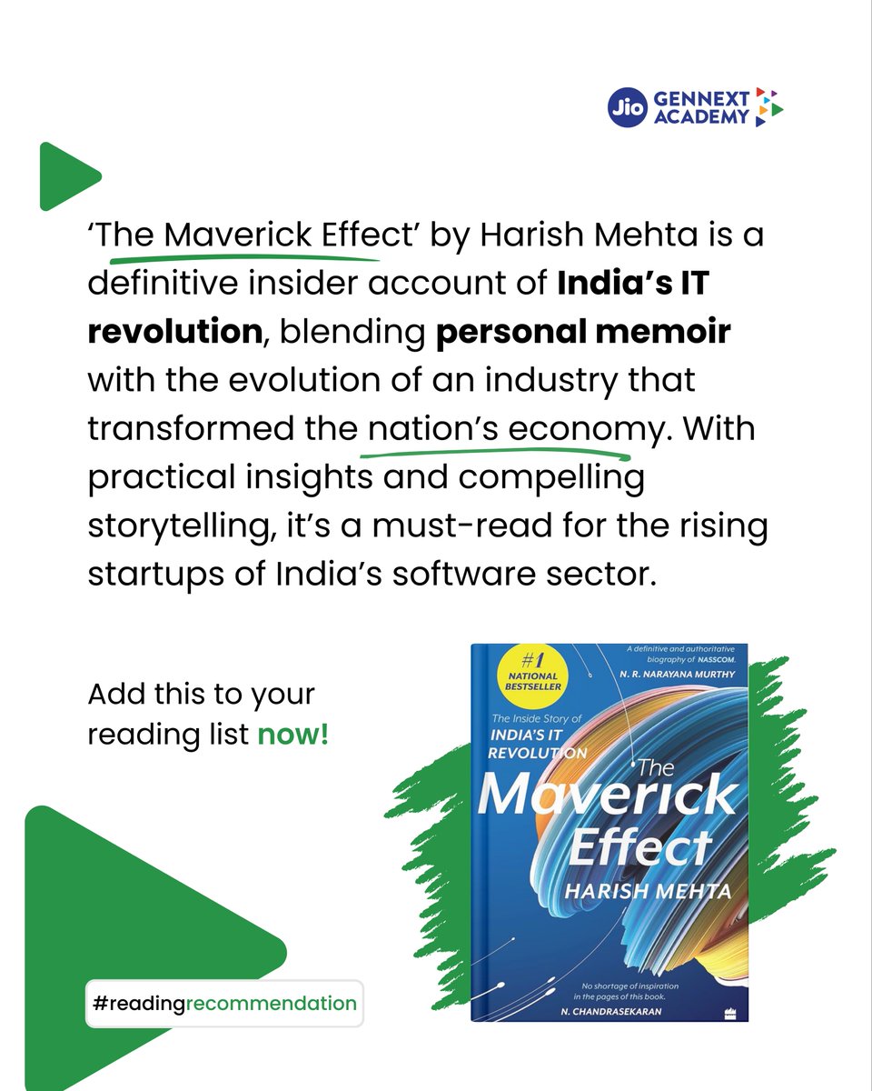 A must-read for understanding India’s IT journey. 
 
In “The Maverick Effect,” Harish Mehta, former chairperson of NASSCOM, shares his insider perspective on the birth and growth of India’s software industry.  
 
#JioGenNext #JioGenNextAcademy #TheMaverickEffect #HarishMehta
