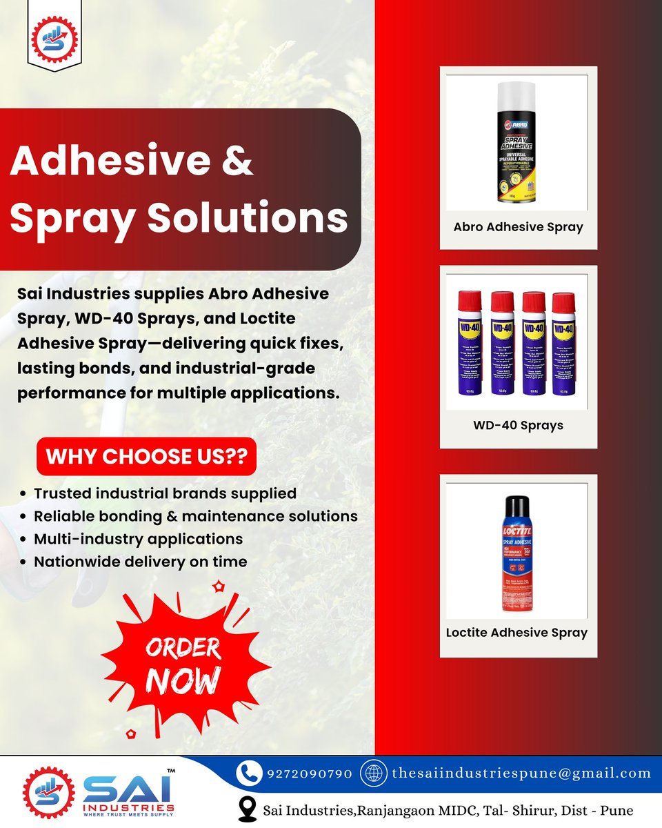 Sai__Industries's tweet image. From Abro Adhesive Spray to WD-40 and Loctite Adhesive Spray, Sai Industries provides reliable solutions for bonding, lubrication, and maintenance needs. Trusted quality, nationwide supply, and industrial-grade performance.
         
#SaiIndustries #AdhesiveSolutions