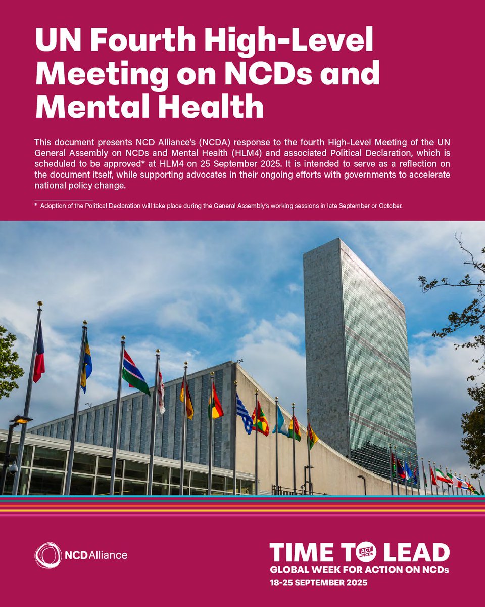 👏 With just one week to go until #HLM4, we welcome the commitment of UN Member States to establish NCD targets within the Political Declaration.

⚡However, we note with concern missed opportunities to #ActOnNCDs.

📢We urge stakeholders at all levels to take the #LeadOnNCDs,