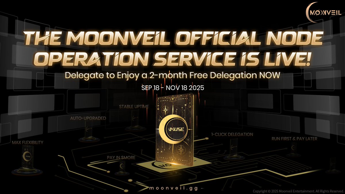 Moonveil_Studio's tweet image. 🚀 Big news for all Muse Node Owners!

The Moonveil Official Node Operation Service is now live.

✅ 1-click delegation, super simple
✅ Run first &amp;amp; Pay later, settled in $MORE token
✅ Stable uptime &amp;amp; auto-upgraded with official software
✅ Start &amp;amp; stop anytime — max flexibility…