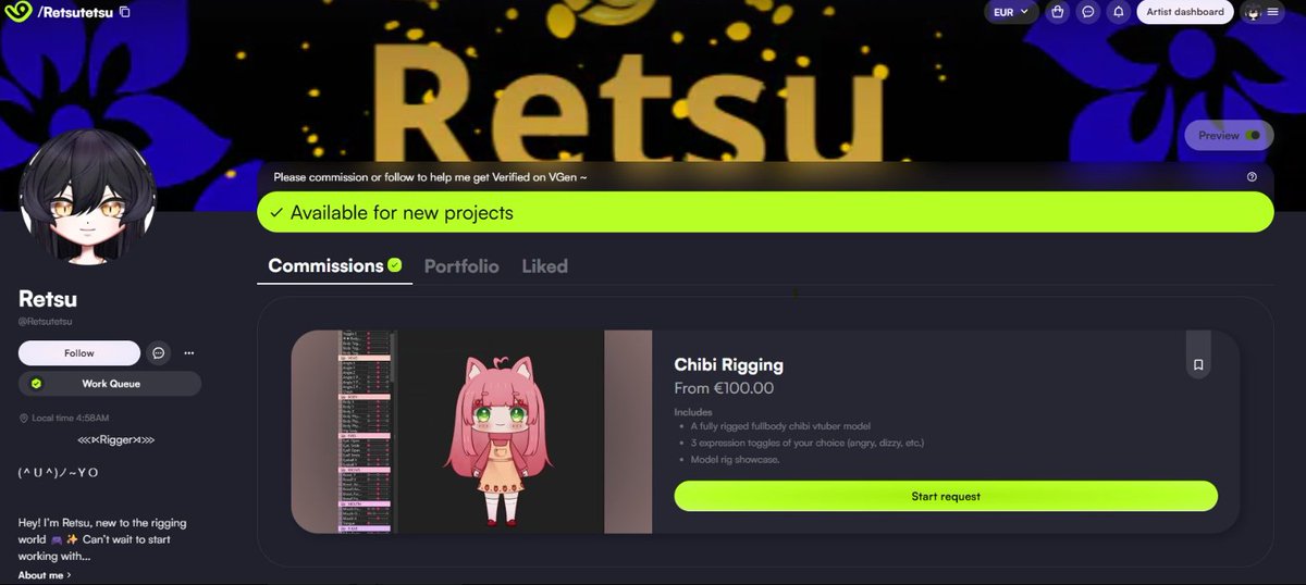 Hey Retsu here!

✨ Commissions Open ✨

I’m currently offering chibi commissions and would greatly appreciate your support!
Not only does it help me on my journey toward verification on #VGen, but it also brings me closer to my long-term goal of making a living from my rigging