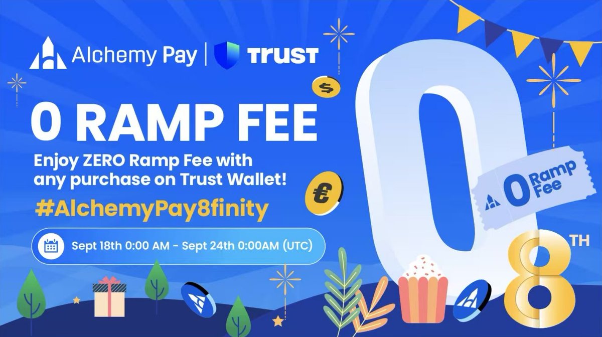 🚀 Celebrate #AlchemyPay's 8th Anniversary with our 0 Ramp Fee Event! 🎉 Partnering with <a href="/TrustWallet/">Trust Wallet</a>, enjoy ZERO Ramp fee on any purchase. 

1⃣Follow <a href="/AlchemyPay/">Alchemy Pay|$ACH: Fiat-Crypto Payment Gateway</a> &amp; <a href="/TrustWallet/">Trust Wallet</a>  
2⃣Like, Retweet

Don’t miss out—join now and bridge fiat to crypto seamlessly! 🌉