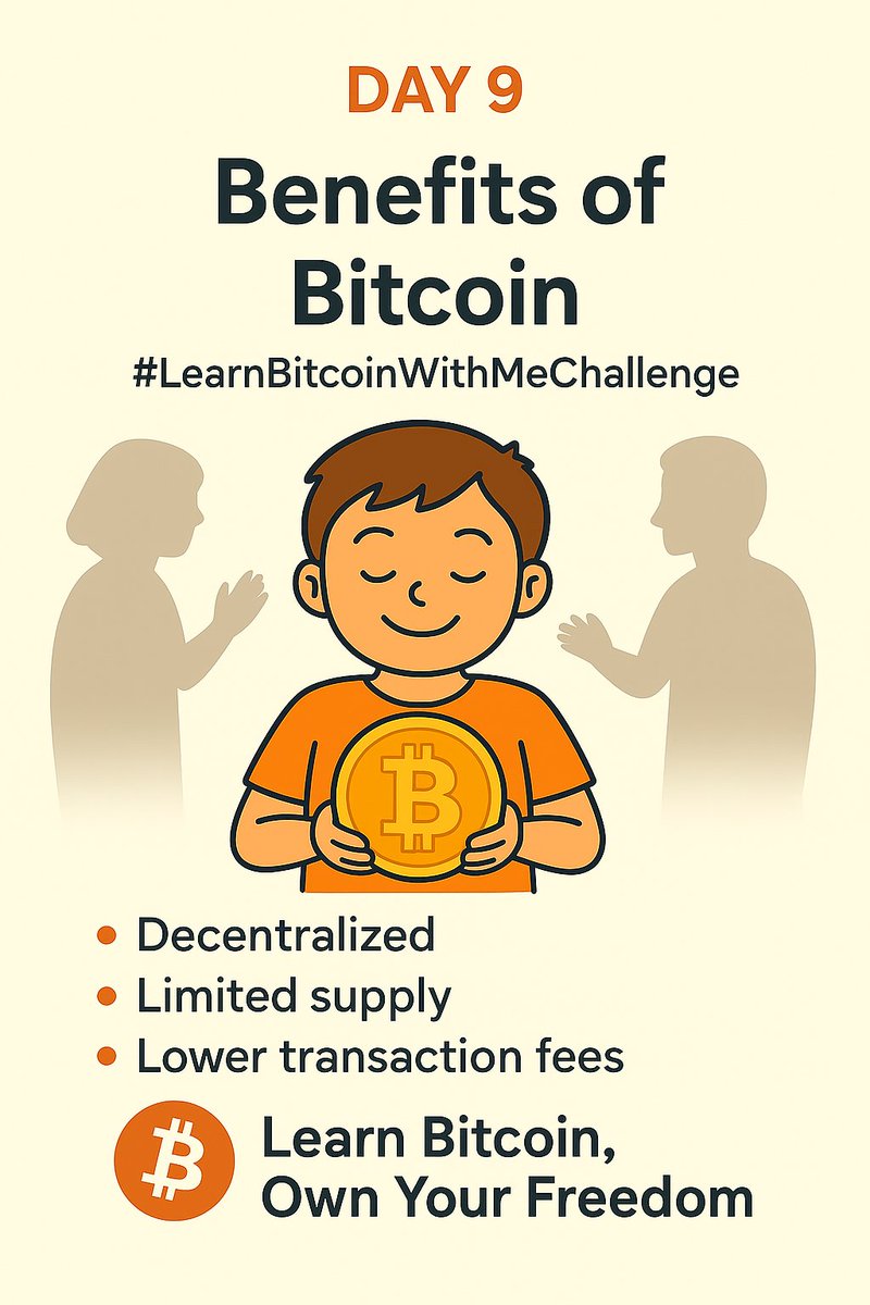 Day 9 of #LearnBitcoinWithMeChallenge:

 Benefits of Bitcoin 🧡

There are countless benefits of Bitcoin. 

But I will list a few of them:

✅ Fast and global transactions: Bitcoin transactions are quick and seamless, regardless of location, facilitating global trade. 

1/5