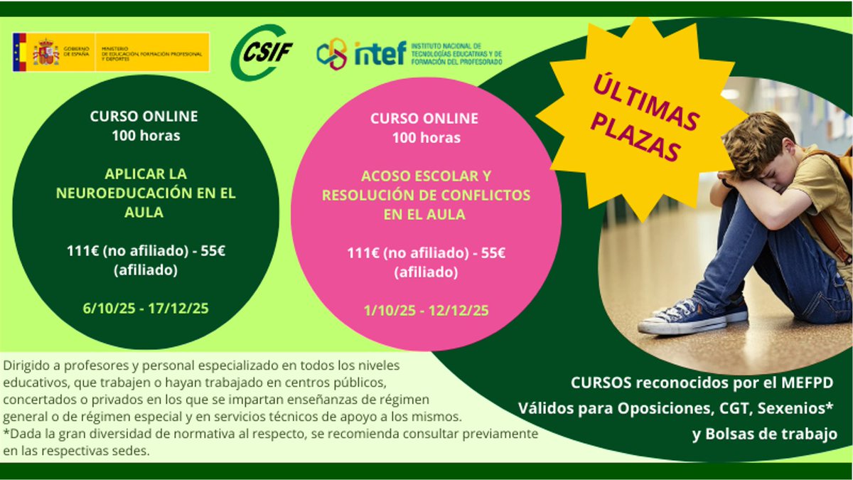 CSIF Educación CyL (@csifensenanzcyl) on Twitter photo 📢📢Cursos on-line reconocidos por el Ministerio de Educación, FP y Deportes - 2º Semestre 2025. ¡Últimas plazas!
✅✅ Cursos acogidos al convenio entre CSIF y el Ministerio de Educación, Formación Profesional y Deportes.
ℹ️ℹ️ℹ️ Más Información👇🏼👇🏼👇🏼
csif.es/es/articulo/ca… 📢📢Cursos on-line reconocidos por el Ministerio de Educación, FP y Deportes - 2º Semestre 2025. ¡Últimas plazas!
✅✅ Cursos acogidos al convenio entre CSIF y el Ministerio de Educación, Formación Profesional y Deportes.
ℹ️ℹ️ℹ️ Más Información👇🏼👇🏼👇🏼
csif.es/es/articulo/ca…