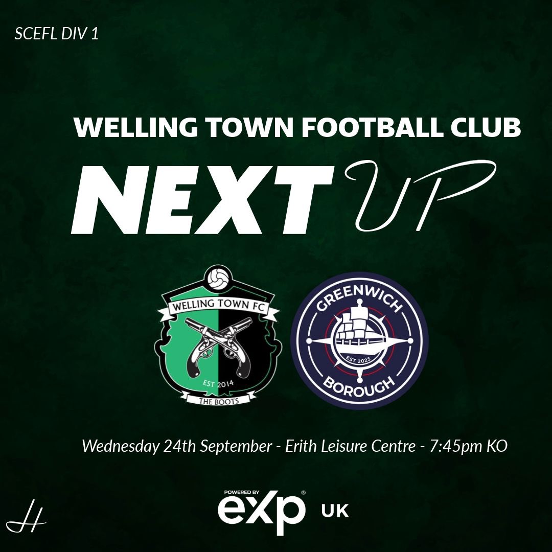 Next up for Welling Town we host <a href="/AFCGreenwichB/">AFC Greenwich Borough</a> on Wednesday 24th September at home! ⚽️ 

This is a 7:45PM Kick Off at Erith Leisure Centre!

We look forward to hearing your continued support 👏 

<a href="/SCEFLeague/">Presence & Co. SCEFL League</a> 
#NonLeague
#Groundhoppers
#UpTheBoots💚🖤🥾