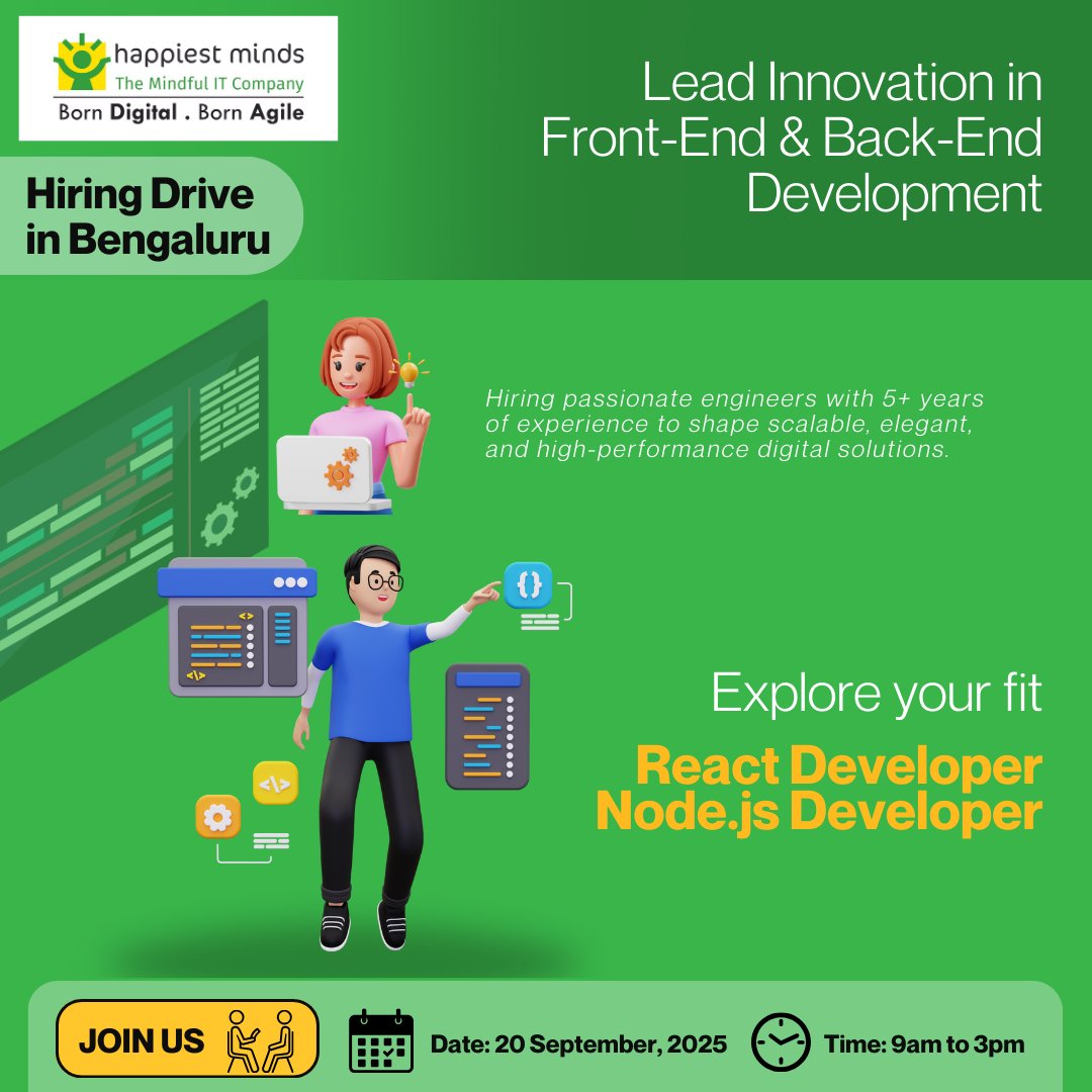 HappiestMinds's tweet image. React & Node.js developers ready to build scalable, enterprise-grade apps with modern stacks?
What if your next role combined innovation and mindfulness?
Join our hiring drive at Happiest Minds Bengaluru.
Let’s build something meaningful.
#Hiring #ReactJS #NodeJS #TechJobs