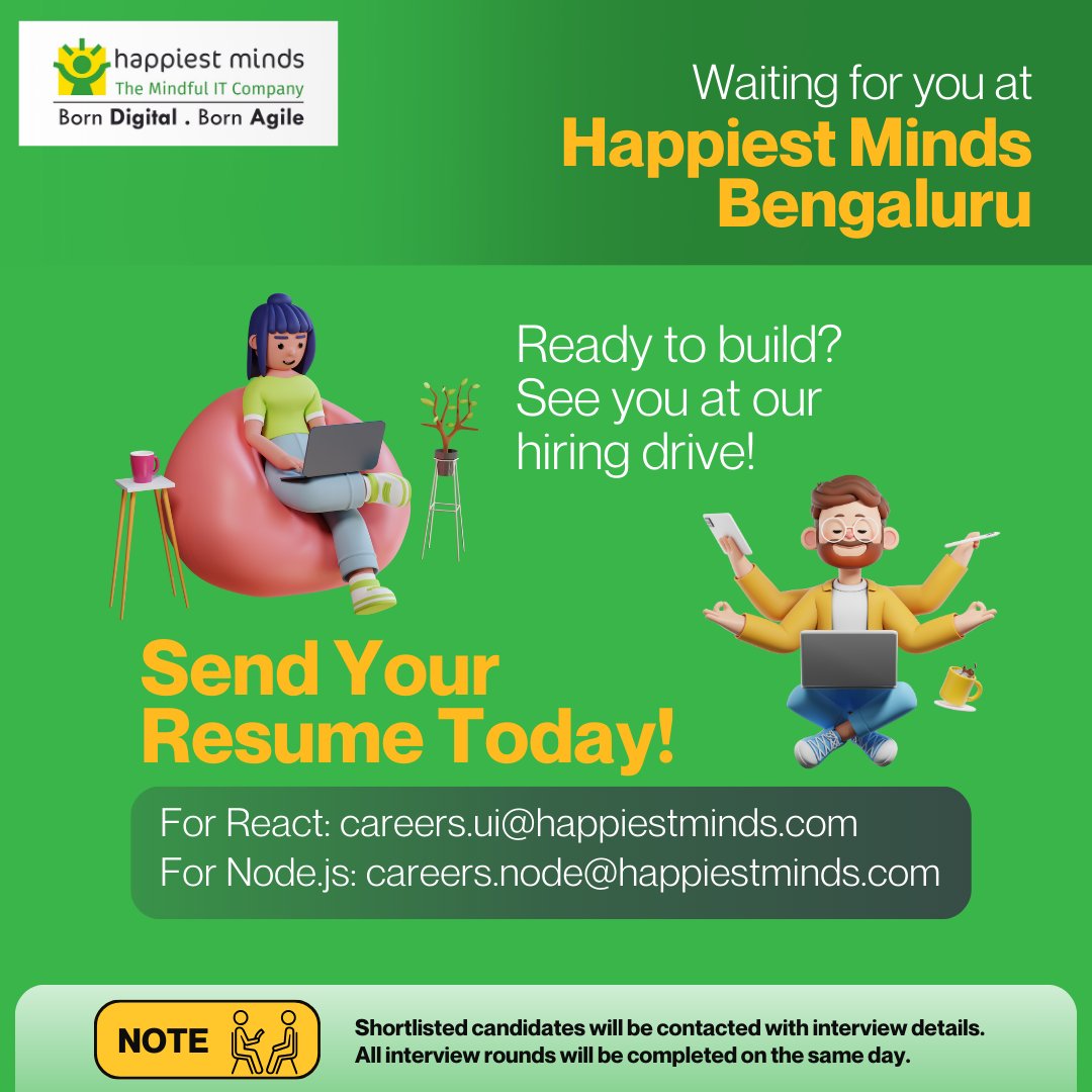 HappiestMinds's tweet image. React & Node.js developers ready to build scalable, enterprise-grade apps with modern stacks?
What if your next role combined innovation and mindfulness?
Join our hiring drive at Happiest Minds Bengaluru.
Let’s build something meaningful.
#Hiring #ReactJS #NodeJS #TechJobs