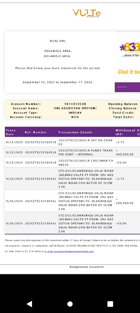 Oyejemil's tweet photo. @PolarisBankLtd Kindly reverse the unsuccessful transaction I made on Saturday 13th September, 2025 as detailed below:
Polaris Bank
1014319530
Name: Oni Adedotun Opeyemi
Amount: N400,000

Beneficiary 
UBA
2169553821
Olanrewaju Saliu Naoh https://t.co/Ky4CqiELzI